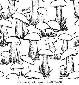 Vector seamless pattern with hand drawn wild mushrooms. Ink drawing, graphic style. Beautiful food design elements, perfect for prints and patterns.