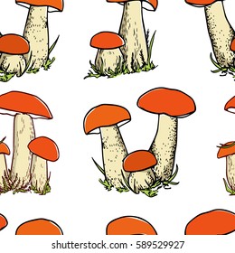 Vector seamless pattern with hand drawn wild mushrooms. Ink drawing, graphic style. Beautiful food design elements, perfect for prints and patterns.