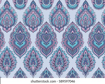 Vector seamless pattern with hand drawn henna mehndi floral elements. Beautiful colorful endless background in oriental indian style