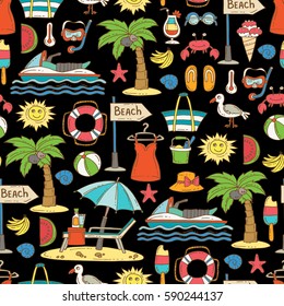 Vector seamless pattern with hand drawn colored symbols of summer and beach on black color. Pattern on the theme of recreation and travel. Background for use in design