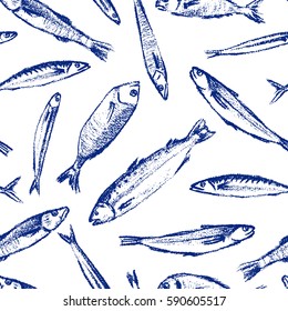 Vector seamless pattern with hand drawn fish species made with chalk. Grunge drawing, graphic style. Perfect print for any business related to the food industry.