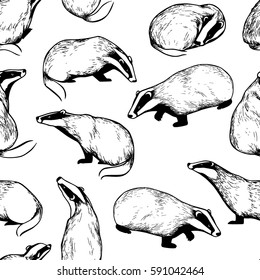 Vector seamless pattern with hand drawn badgers. Ink drawing, graphic style. Beautiful design elements.