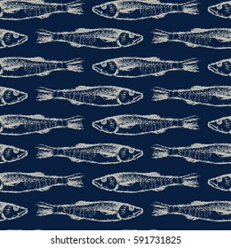 Vector seamless pattern with hand drawn fish made with chalk on dark blue background. Grunge drawing, graphic style. Perfect print for any business related to the food industry.
