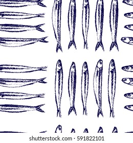 Vector seamless pattern with hand drawn sardines made with chalk. Grunge drawing, graphic style. Perfect print for any business related to the food industry.