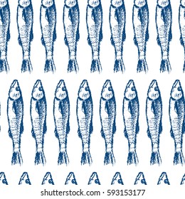 Vector seamless pattern with hand drawn fish made with chalk. Grunge drawing, graphic style. Perfect print for any business related to the food industry.
