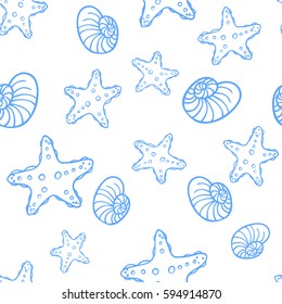 Vector seamless pattern with hand drawn seashells. Beautiful marine design elements, for prints and patterns.