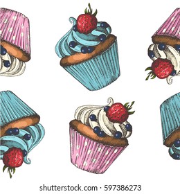 Vector seamless pattern with hand drawn cupcakes. Desert background. Design for fabric, menu, pattern for web and advertising. Sketch.