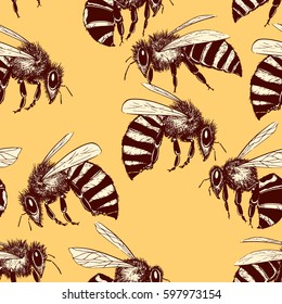 Vector seamless pattern with hand drawn honey bees made in retro style. Beautiful ink drawing