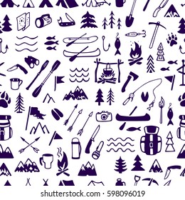 Vector Seamless Pattern With Hand Drawn Camping And Adventure Design Elements. Beautiful Ink Drawing, Perfect For Prints And Patterns.