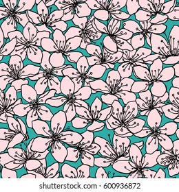 Vector seamless pattern with hand drawn sakura flowers. Beautiful floral design elements, ink drawing, graceful lines.