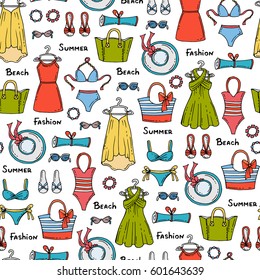 Vector seamless pattern with hand drawn colored summer dresses, swimsuits and accessories for women. Pattern on the theme of fashion. Background for use in design