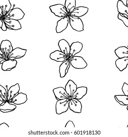 Vector seamless pattern with hand drawn sakura flowers. Beautiful floral design elements, ink drawing, graceful lines.