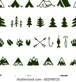 Vector seamless pattern with hand drawn camping and adventure design elements. Beautiful ink drawing, perfect for prints and patterns.