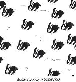 Vector seamless pattern with hand drawn rabbits. Scratched paper background with hares, bunnies. Ink tiling texture, brush splatter, black blots. Infantile child art for T-shirt, textile, fabric print