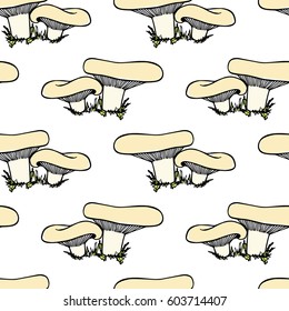 Vector seamless pattern with hand drawn milk mushrooms. Ink drawing, graphic style. Beautiful food design elements, perfect for prints and patterns.