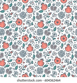 Vector Seamless pattern with Hand drawn Doodle Fruits. Pomegranate Fruit, Flowers and Leaves repeating background. Floral Wallpaper.