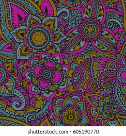 Vector seamless pattern with hand drawn henna mehndi floral elements. Beautiful colorful endless background in oriental indian style in bright colors