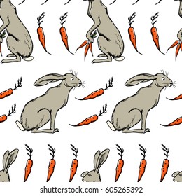 Vector seamless pattern with hand drawn cute hares and carrots. Beautiful ink drawing made in retro style. Perfect design elements for Easter celebration.