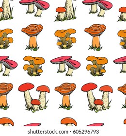 Vector seamless pattern with hand drawn wild mushrooms. Ink drawing, graphic style. Beautiful food design elements, perfect for prints and patterns.