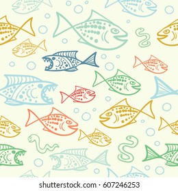 Vector seamless pattern with hand drawn funny fishes in sketch style. Decorative endless underwater marine background. Fabric design. Eps-8