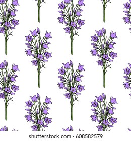 Vector seamless pattern with hand drawn bell flower twigs. Beautiful ink drawing, vintage style.