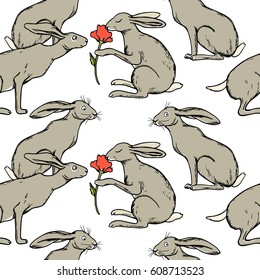 Vector seamless pattern with hand drawn cute hares and spring flowers. Beautiful ink drawing made in retro style. Perfect design elements for Easter celebration.