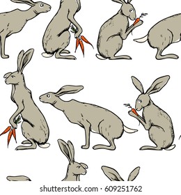 Vector seamless pattern with hand drawn cute hares with carrots. Beautiful ink drawing made in retro style. Perfect design elements for Easter celebration.