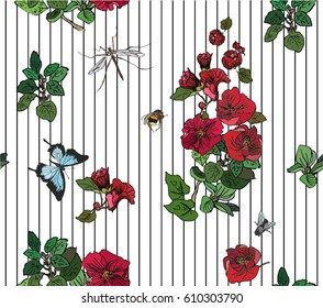 Vector Seamless Pattern Hand Drawn Artwork Isolated Red Flowers and Insects with Line Doodles on Stripes