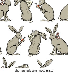 Vector seamless pattern with hand drawn cute hares. Beautiful ink drawing made in retro style. Perfect design elements for Easter celebration.