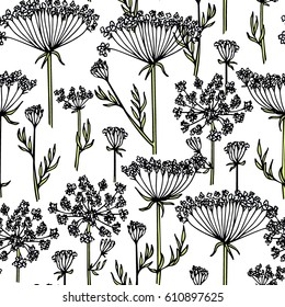 Vector seamless pattern and hand drawn queen Ann's lace twigs  Beautiful ink drawing  vintage style 
