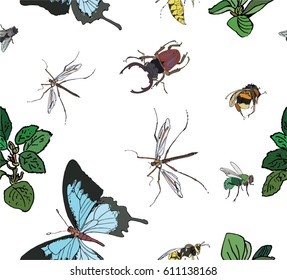 Vector Seamless Pattern Hand Drawn Artwork Line Art Doodle Insects