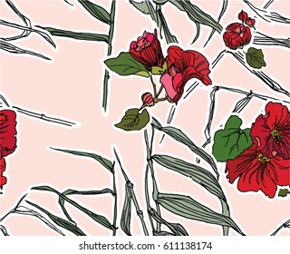 Vector Seamless Pattern Hand Drawn Artwork Isolated Red Flowers with Line Art Doodle Leaves Tropics on Pink Background
