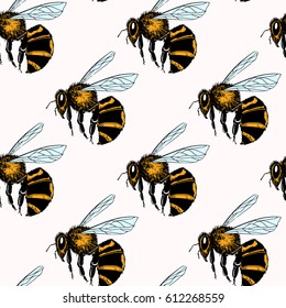 Vector seamless pattern with hand drawn honey bees made in retro style. Beautiful ink drawing