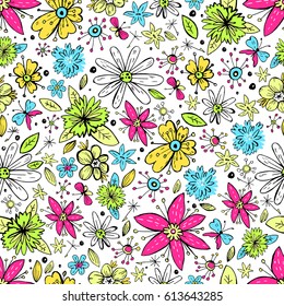 Vector seamless pattern with hand drawn doodle flowers and butterflies, bright modern colors. 