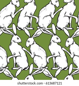 Vector seamless pattern with hand drawn cute hares on green background. Beautiful ink drawing made in retro style. Perfect design elements for Easter celebration.