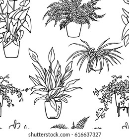 Vector seamless pattern with hand drawn houseplants. Beautiful floral design elements, perfect for prints and patterns