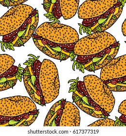 Vector seamless pattern with hand drawn delicious salami sandwich. Beautiful food design elements, perfect for any business related to the food industry.