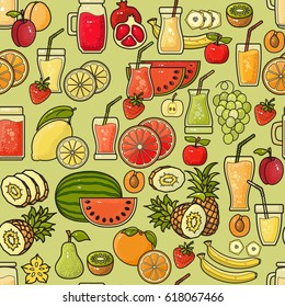 Vector seamless pattern of hand drawn colorful fruit juice icon on light green background. Food  flat design vector illustration.