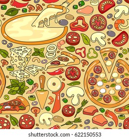 Vector seamless pattern of hand drawn colorful pizza ingredient icon on light  background. Pizza   flat design vector illustration.
