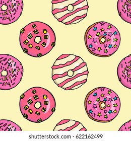 Vector seamless pattern with hand drawn delicious pink donuts. Beautiful design elements, perfect for any business related to the food industry.