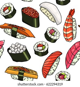 Vector seamless pattern with hand drawn sushi. Beautiful food design elements, perfect for any business related to the food industry.
