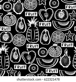 Vector seamless pattern with hand drawn isolated fruits on black color. Pattern on the theme of food. Background for use in design, packing, fabric, web site, web page