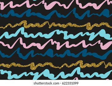 Vector seamless pattern with hand drawn gold glitter textured brush strokes and stripes hand painted. Black, golden, pink, blue colors