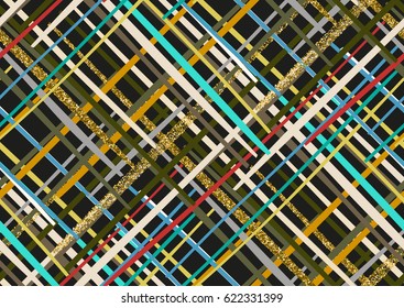 Vector seamless pattern with hand drawn gold glitter textured brush strokes and stripes hand painted. Black, gold, white, pink, green, blue colors