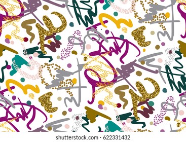 Vector seamless pattern with hand drawn gold glitter textured brush strokes and stripes hand painted. Black, gold, white, pink, green, blue colors