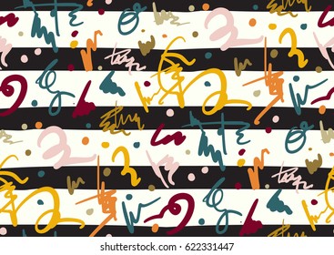Vector seamless pattern with hand drawn brush strokes and stripes hand painted. Black, golden, white, pink, green, blue colors.
