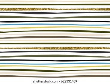 Vector seamless pattern with hand drawn gold glitter textured brush strokes and stripes hand painted. Black, gold, white, pink, green, blue colors