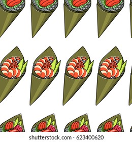 Vector seamless pattern with hand drawn temaki sushi. Beautiful food design elements, perfect for any business related to the food industry.