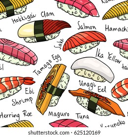 Vector seamless pattern with hand drawn nigiri sushi. Beautiful food design elements, perfect for any business related to the food industry.