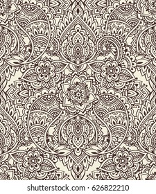 Vector seamless pattern with hand drawn henna mehndi floral elements. Beautiful endless background in oriental indian style.
